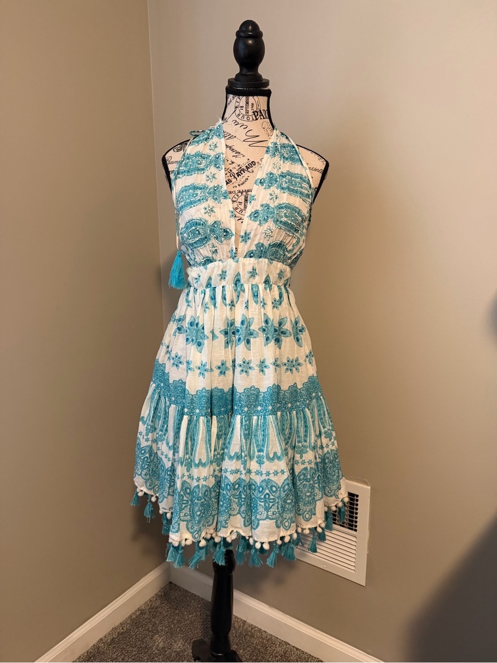Boho Halter Mini Dress in White and Teal